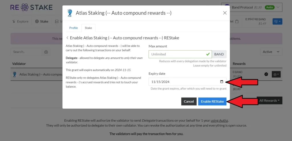 Are staking rewards automatically staked, What is auto compound staking, How often do you get rewards for staking, Are staking rewards compounded, Which is the highest paying auto staking & auto-compounding protocol, Is crypto staking compounded daily, What is the best staking platform, What are the best staking tokens, What is the daily compounding reward, What is the best auto compounding crypto, Is it better to compound daily or monthly, How can I earn daily compound interest, how to autocompound staking rewards, BAND validator, How to stake BAND tokens, The best BAND protocol validator, Where to stake BAND, Yieldmos, REstake app, Atlas Staking, enable REstake authz