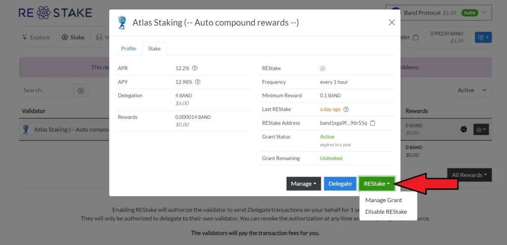 Are staking rewards automatically staked, What is auto compound staking, How often do you get rewards for staking, Are staking rewards compounded, Which is the highest paying auto staking & auto-compounding protocol, Is crypto staking compounded daily, What is the best staking platform, What are the best staking tokens, What is the daily compounding reward, What is the best auto compounding crypto, Is it better to compound daily or monthly, How can I earn daily compound interest, how to autocompound staking rewards, BAND validator, How to stake BAND tokens, The best BAND protocol validator, Where to stake BAND, Yieldmos, REstake app, Atlas Staking, authz permission, disable REstake
